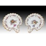 A Rare Pair Of Hand Painted Fan Shaped Shell Dishes, Dresden, 1900's