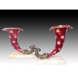 Pair Of Bohemian Cornucopia Vases Mounted On Bronze Fish & Marble Pedestals, 19th Century