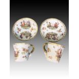 Pair Of Hand Painted German Cups & Saucers with Ram Handles 19th Century