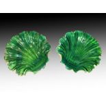 Pair Of Green Bohemian Shell Shaped Saucers, 19th Century