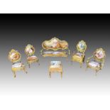 Viennese Enamel & Bronze Gilt Furniture Set, Sofa, Chairs & Stool, 19th Century