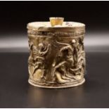 Ancient Solid Silver Gold Gilt Roman Box Depicting Scenes Of war, Garnet Stones On Lid