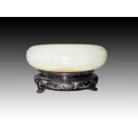 Chinese Jade Circular Water Pot, On Rose Wood Stand