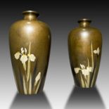 PAIR OF JAPANESE BRONZE MIX METAL ORCHID FLOWER VASES, 19TH CENTURY, MEIJI PERIOD NOGAWA COMPANY