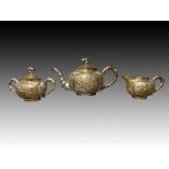 A JAPANESE THREE PIECE WHITE METAL BAMBOO PATTERN TEASET, 19TH CENTURY, MEIJI PERIOD