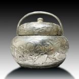 A JAPANESE SILVER LIDDED POT, 19TH CENTURY, MEIJI PERIOD , SIGNED
