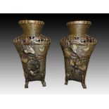 A PAIR OF JAPANESE MIX METAL PARCEL GILT VASES, 19TH CENTURY, MEIJI PERIOD
