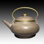 UNUSUAL SIGNED YIXING TEAPOT WITH METAL MOUNTS, QING PERIOD (1644 to 1911)