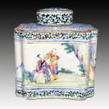 A CHINESE CANTON ENAMEL TEA CADDY, WITH INSCRIPTIONS, QING DYNASTY (1644-1911)