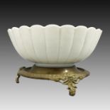 CHINESE WHITE LOTUS BOWL ON GILT BRONZE ORMOLU STAND, QING DYNASTY