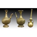 3 INDIAN BRASS BOTTLE & ROSEWATER SPRINKLERS 17TH/18TH CENTURY