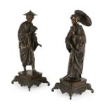 LARGE PAIR OF FRENCH 'JAPONISME' PATINATED AND GILT BRONZE FIGURES, 19TH CENTURY