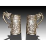 PAIR OF DRAGON HANDLE CHINESE SOLID SILVER TANKARD MUGS, DEPICTING BATTLE SCENES, 19TH CENTURY