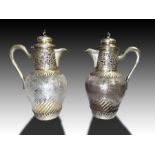 Pair Of Continental Silver Mounted Crystal Frosted Etched Decanters, 19th Century