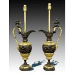 Pair Of French Bronze & Gilt Ewers Converted To Lamps, Greek Style. 20th Century