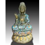 A LARGE CHINESE BRONZE & CLOISONNE SEATED GUANYIN BUDDHA, QIANLONG MARK, QING DYNASTY (1644-1911)