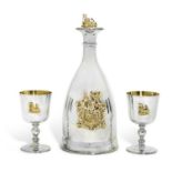 SIR WINSTON CHURCHILL' PARCEL-GILT SILVER DECANTER & STOPPER AND PAIR OF CUPS ENSUITE MAPPIN & WEBB