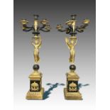 A PAIR OF FRENCH GILT AND PATINATED BRONZE CANDELABRA OF EMPIRE STYLE, LATE 19TH / EARLY 20TH CENTUR