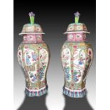 A RARE PAIR OF SAMSON FAMILLE ROSE HEXAGONAL VASES AND COVERS, 19TH CENTURY