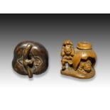 TWO WOOD NETSUKE OF A KAKI & TWO BOYS PLAYING, MEIJI PERIOD