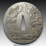 MASATAKA: IRON TSUBA DEPICTING CHOSHU HAGI, MEIJI PERIOD 19TH CENTURY