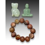 A CHINESE JADE BUDDHA, CAT & HARD STONE BRACELET, QING DYNASTY (1644-1911)