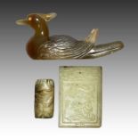TWO CHINESE RUSSET JADE PLAQUES & AN AGATE DUCK, QING DYNASTY (1644-1911)