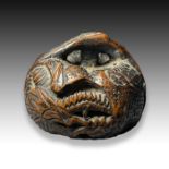 DRAGON IN ORANGE, A WOOD NETSUKE, TOYOMASA SCHOOL, MEIJI PERIOD