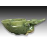 A CHINESE SPINACH JADE SWAN CUP, QING DYNASTY (1644-1911)