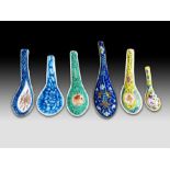 SIX CHINESE ENAMEL SPOONS, VARIOUS MARKS, ONE BEARS TONGZHI MARK & PERIOD