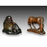 TWO WOOD NETSUKE OF A HORSE & AN OLD MAN, MEIJI PERIOD