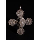 A BYZANTINE SILVER CROSS DEPICTING PANELS OF CHRIST & MOTHER MARY, CIRCA 3RD CENTURY A.D.