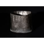 A LARGE SILVER CRUSADES POT DEPICTING CRUSADERS & A CROSS EMBLEM ON A SHIELD