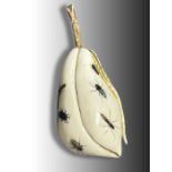 A JAPANESE SHIBAYAMA OKIMONO OF A PEAR WITH MOTHER OF PEARL BUG INLAYS, SIGNED MEIJI PERIOD