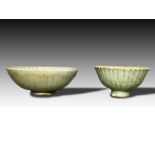 TWO CHINESE CELADON RIBBED BOWLS WITH FLUTED RIMS, SONG DYNASTY (960-1279)