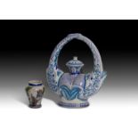 A MULTAN POTTERY BLUE & WHITE WATER BOTTLE (SURAHI) NORTH INDIA AND A QAJAR JAR 19TH CENTURY