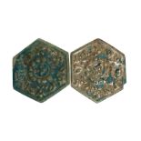 A PAIR OF KASHAN LUSTRE TUQRUOISE HEXAGONAL TILES WITH FLORAL MOTIFS, 13TH CENTURY