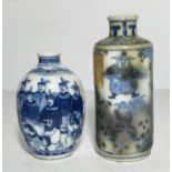 TWO CHINESE BLUE & WHITE SNUFF BOTTLES, ONE COPPER RED GLAZED, QING DYNASY (1644-1911)