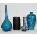 A CHINESE BAMBOO BRUSH POT, A CLOISONNE VASE TWO TURQUOISE MONOCHROME VASE AND MEIPING