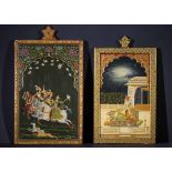 A PAIR OF MUGHAL WOODEN MIRRORS WITH ILLUSTRATIONS, INDIAN 19TH/20TH CENTURY