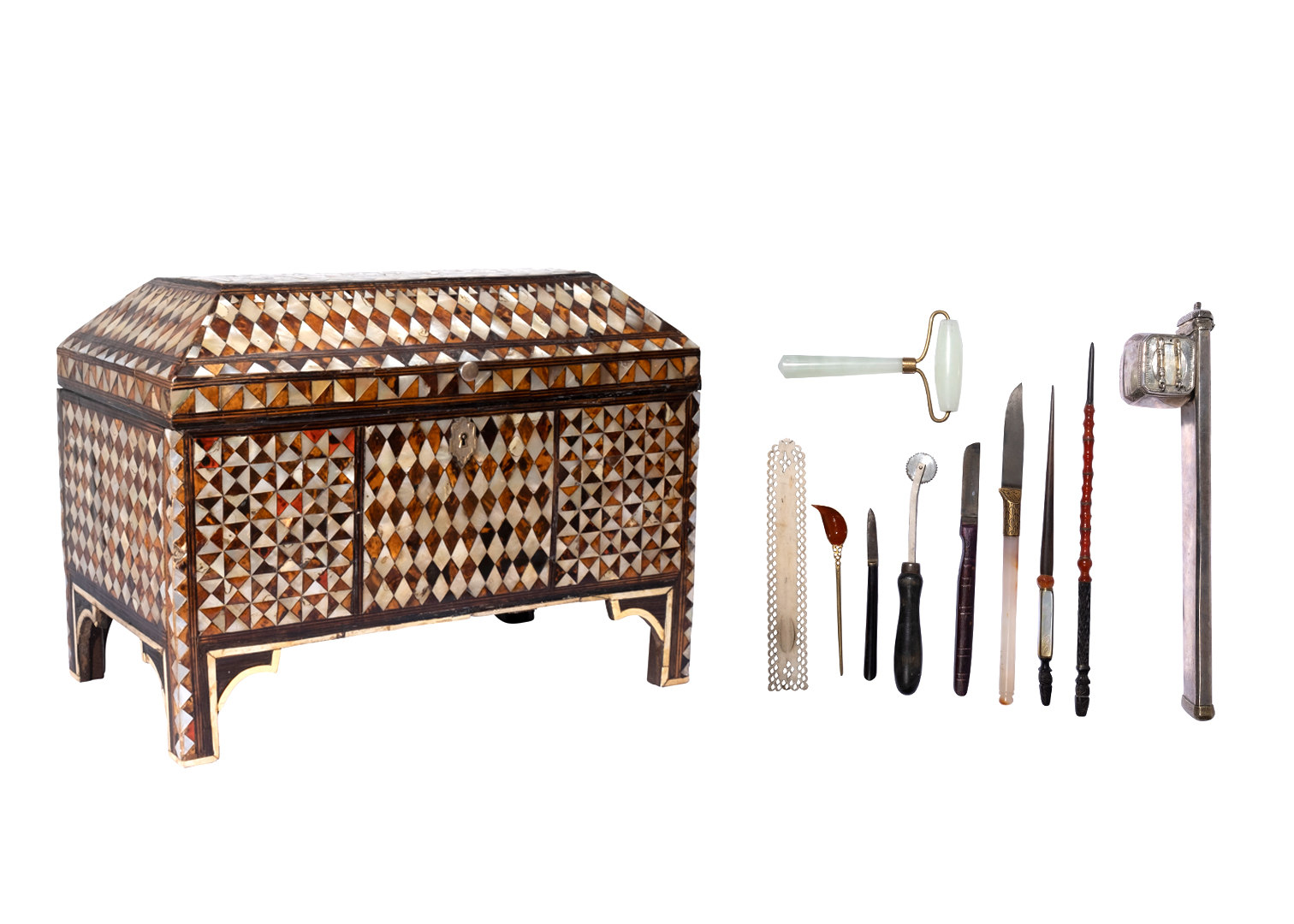 A RARE & COMPLETE SET OTTOMAN MOTHER OF PEARL & TORTOISE SHELL SCRIBE BOX WITH CALLIGRAPHY TOOLS