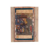 AN ILLUSTRATED & ILLUMINATED SAFAVID OR LATER MINIATURE A SCENE FROM AN ANTHOLOGY OF PERSIAN POETRY
