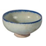 AN INTACT BLUE RIM WHITE LUSTRE POTTERY BOWL WITH CHINESE INSCRIPTION, 12TH CENTURY PERSIA