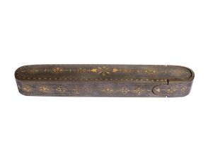 A GOLD & STEEL DAMASCENE QALAMDAN, PENCASE, QAJAR, 19TH CENTURY