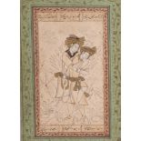 AN ARCHAISTIC SAFAVID TINTED DRAWING OF TWO LOVERS DATED 1135AH, IRAN, EARLY 18TH CENTURY