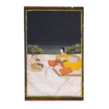 AN INDIAN MINIATURE OF A LADY WITH HER SERVATNS ON A TERRACE, 19TH CENTURY