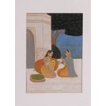 AN INDIAN MINIATURE OF TWO LADIES SITTING ON A MARBLE GROUND, 19TH/20TH CENTURY