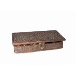 A CARVED WOODEN TRAVELLING BRASS SCALE BOX WITH WEIGHTS & CALLIGRAPHY, 19TH CENTURY