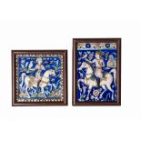 TWO QAJAR MOULDED TILE HORSE RIDER FRAMED PLAQUES, 19TH CENTURY
