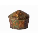 A LACQUERED & PAINTED PAPER MACHE POLYGONAL WOODEN BOX, KASHMIR INDIA, 19TH CENTURY